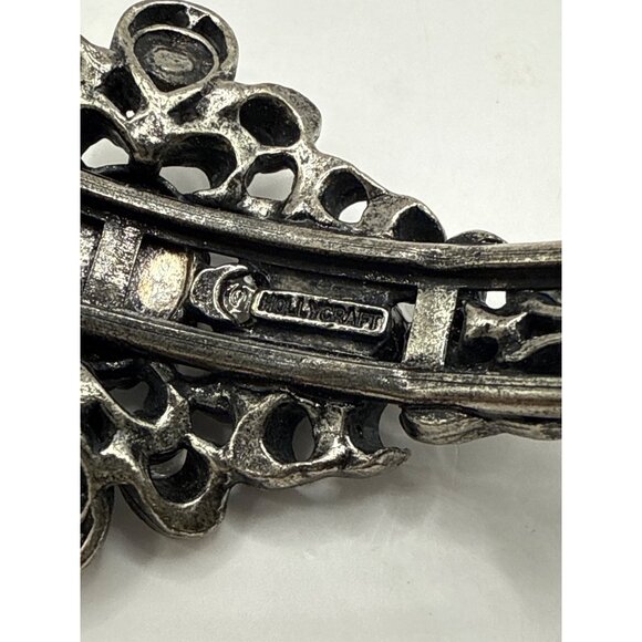 Vintage Hollycraft Silver-Tone Ornate Hinged Bracelet With Black Stones & Safety - Picture 7 of 8